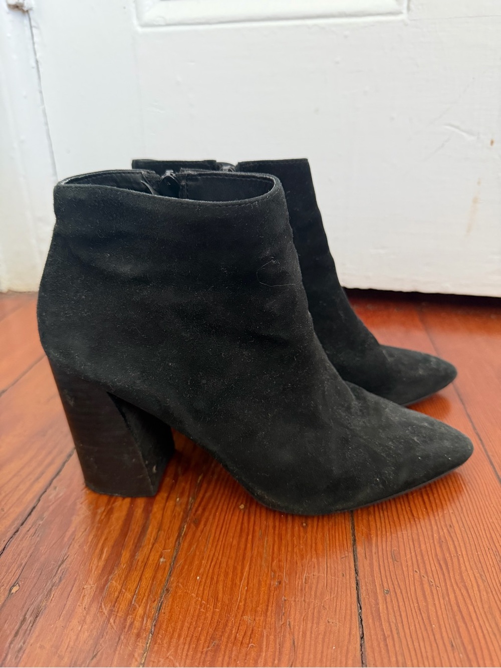 Steve Madden Black Suede Pointed Ankle Booties with Block Heel